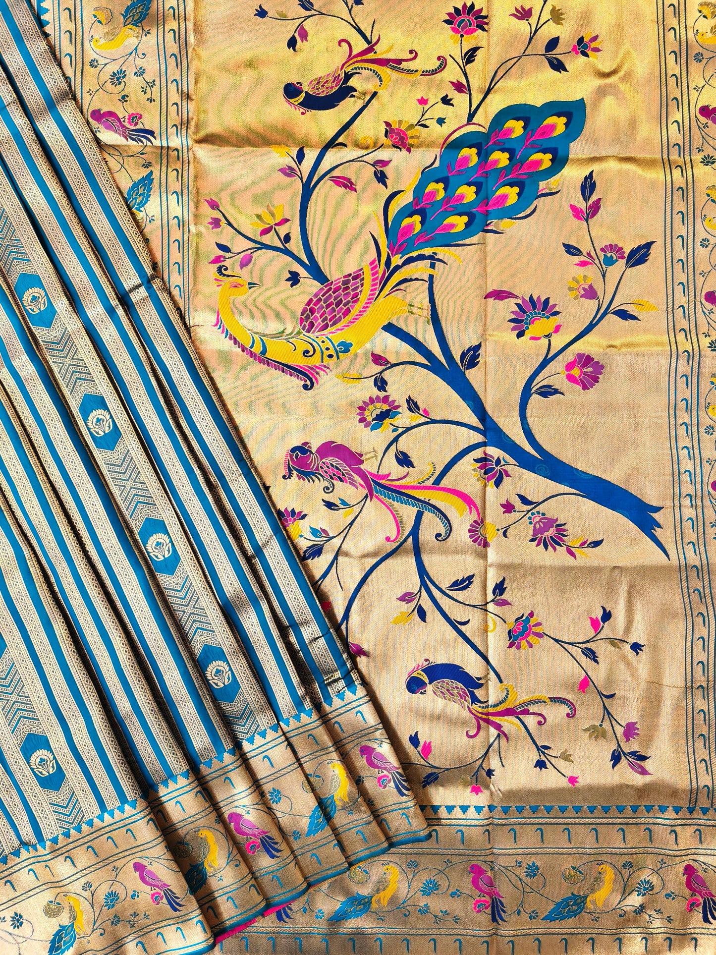 Banarsi Paithani Copper Zari Silk Saree- Firozi