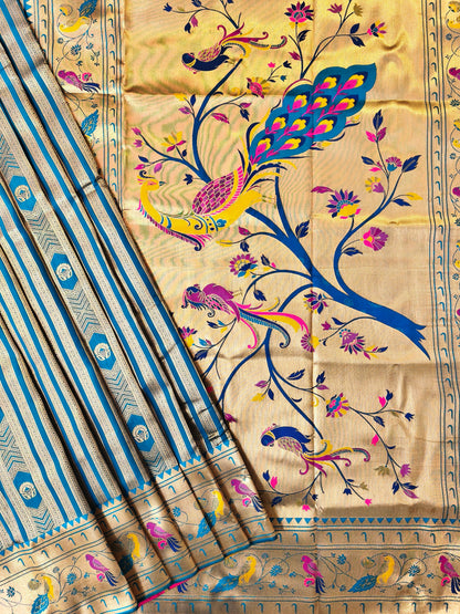 Banarsi Paithani Copper Zari Silk Saree- Firozi