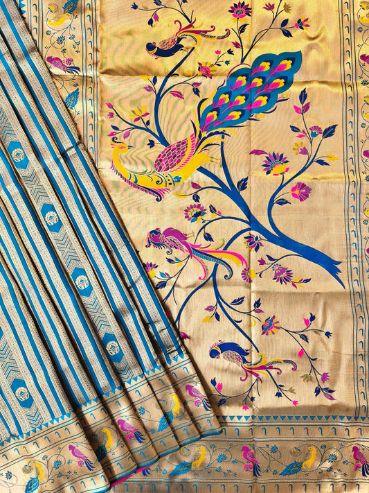 Banarsi Paithani Copper Zari Silk Saree- Firozi