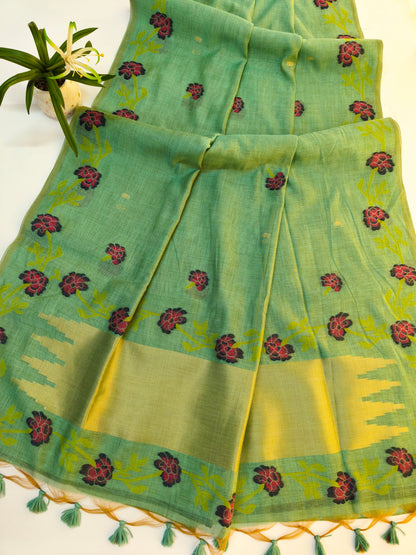Firozi Muga Cotton Saree | Floral Motif | Golden Zari Border | Ethnic Wear
