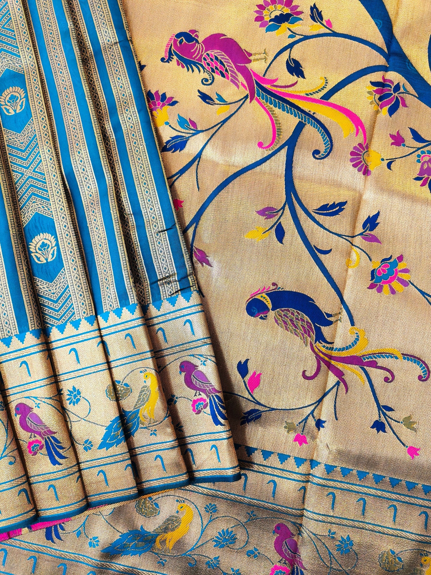 Banarsi Paithani Copper Zari Silk Saree- Firozi