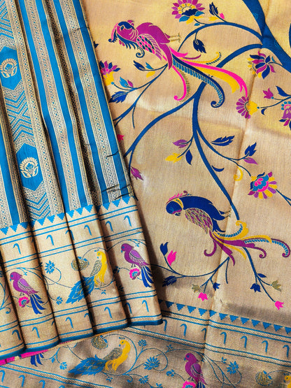 Banarsi Paithani Copper Zari Silk Saree- Firozi