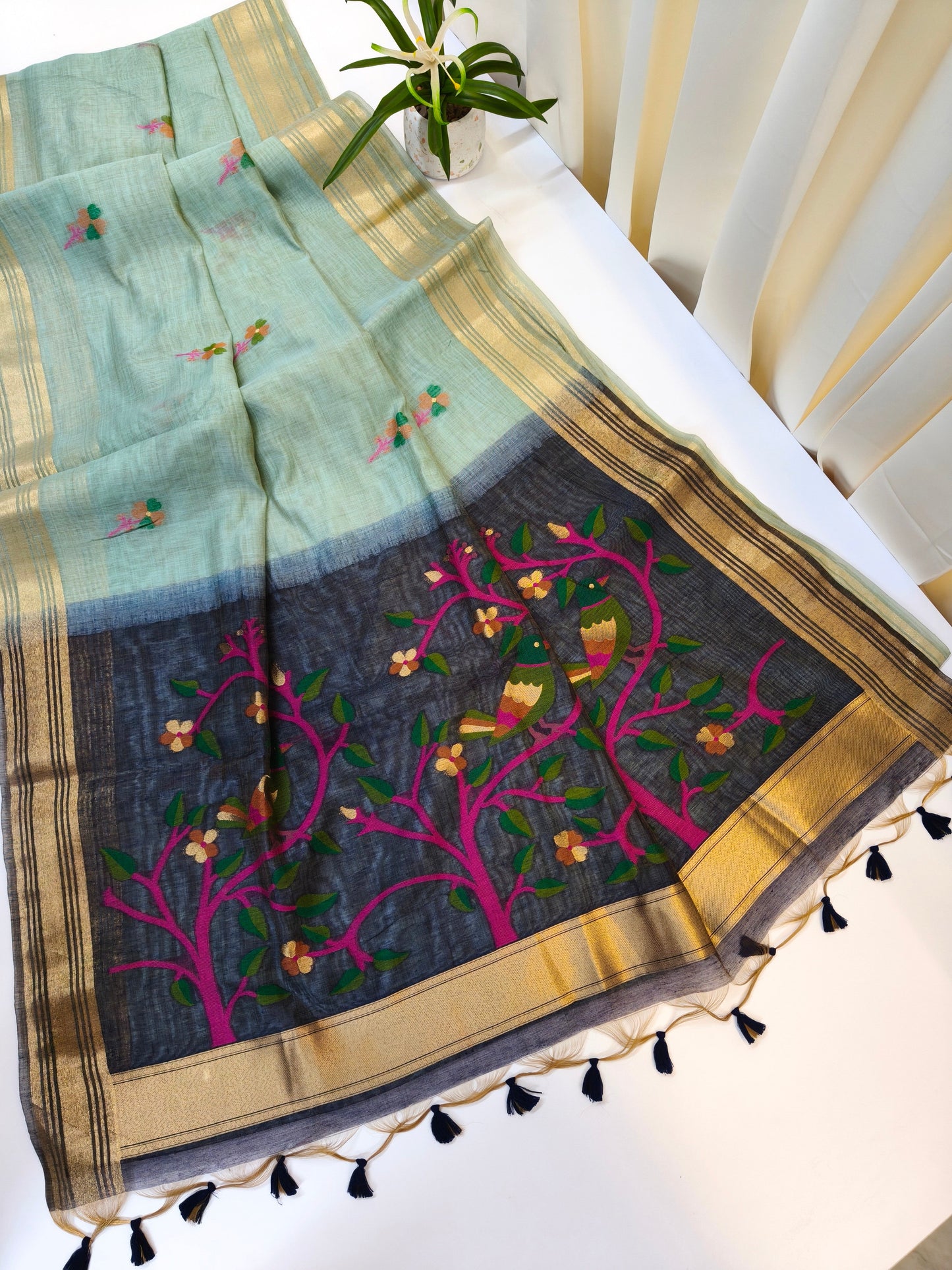 Muga Cotton Saree with Bird Motif With Contrast Blouse -FIROZI