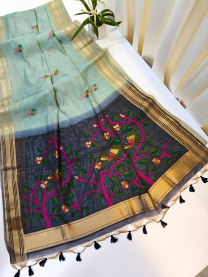 Muga Cotton Saree with Bird Motif With Contrast Blouse -FIROZI