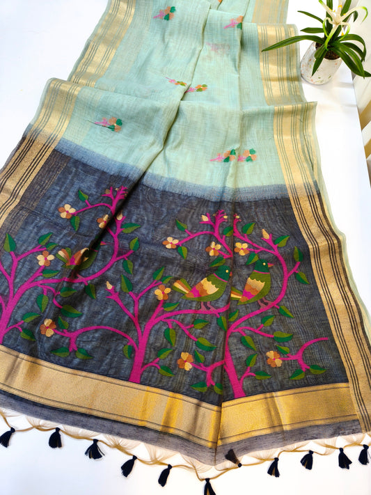 Muga Cotton Saree with Bird Motif With Contrast Blouse -FIROZI