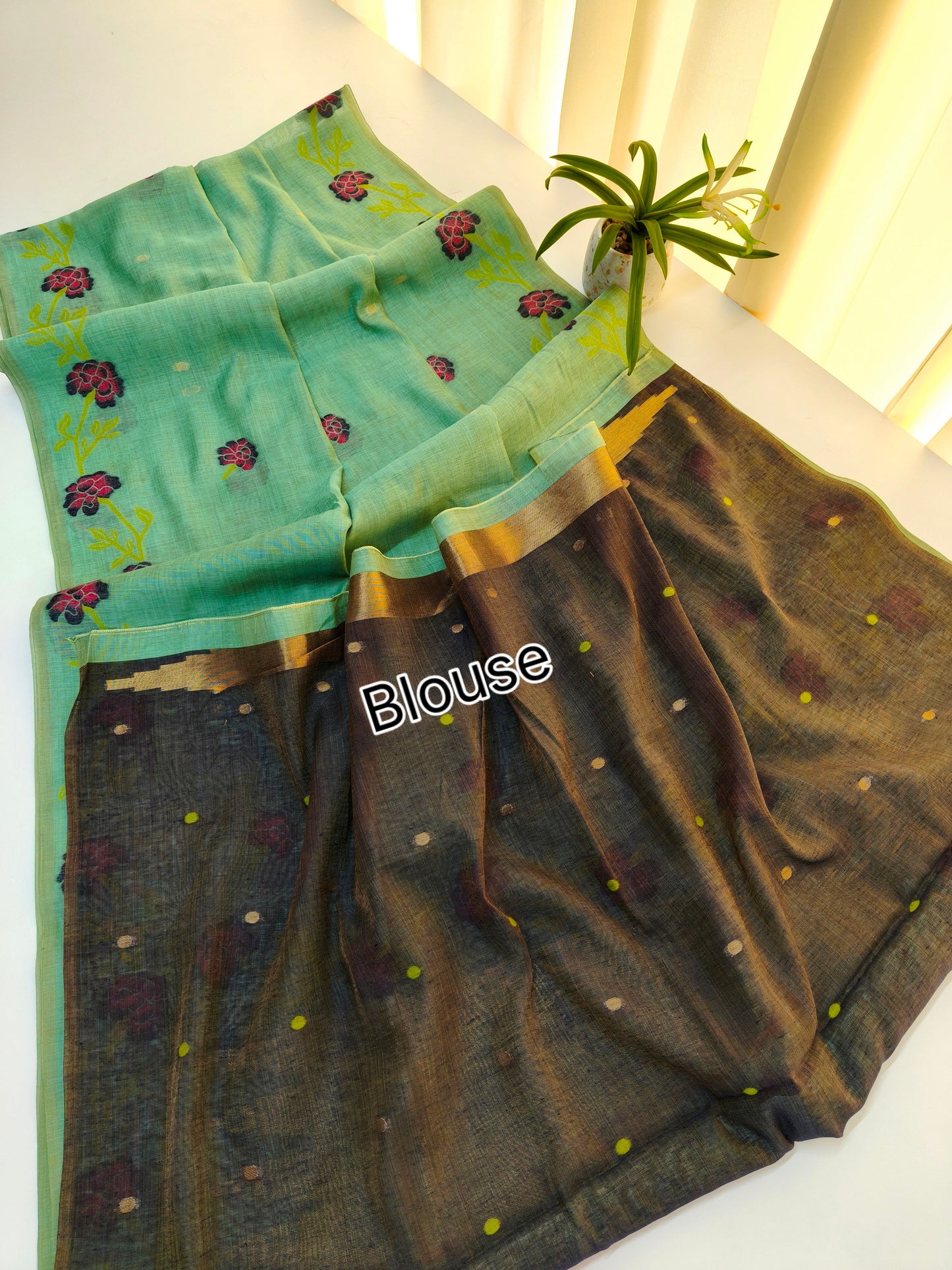 Firozi Muga Cotton Saree | Floral Motif | Golden Zari Border | Ethnic Wear
