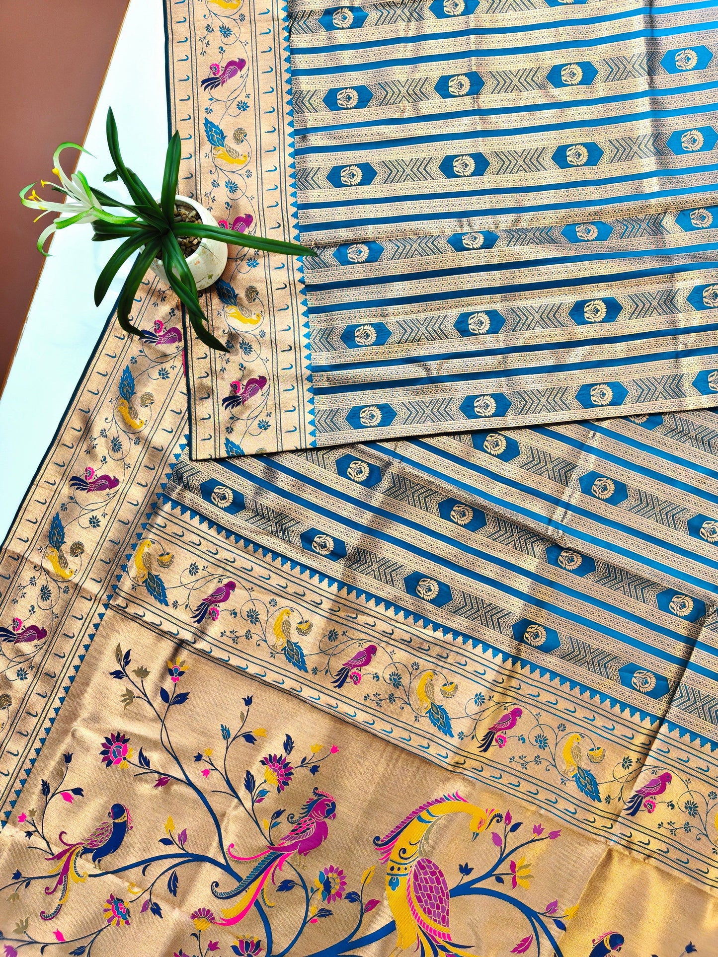 Banarsi Paithani Copper Zari Silk Saree- Firozi