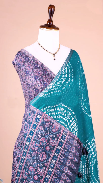 Soft Linen Cotton Heritage Print Saree for Women - Firozi