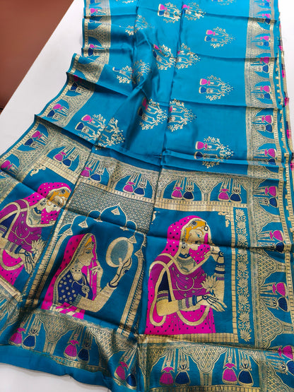 SOFT BANARASI PASHMINA  SAREE WITH ZARI BORDER -  FIROZI