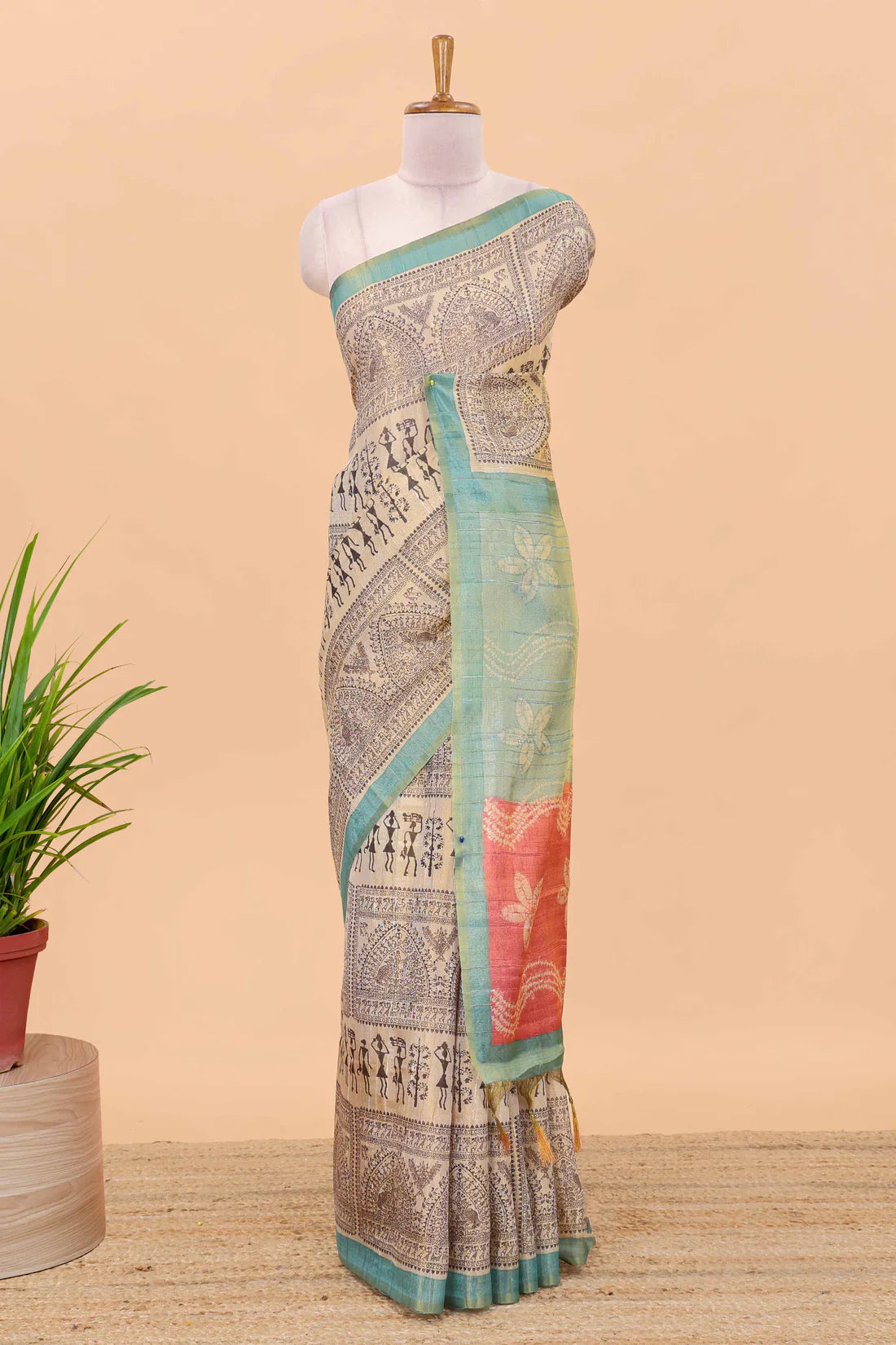 Tissue Tussar Zari Saree With Print Warli - SKY-PINK