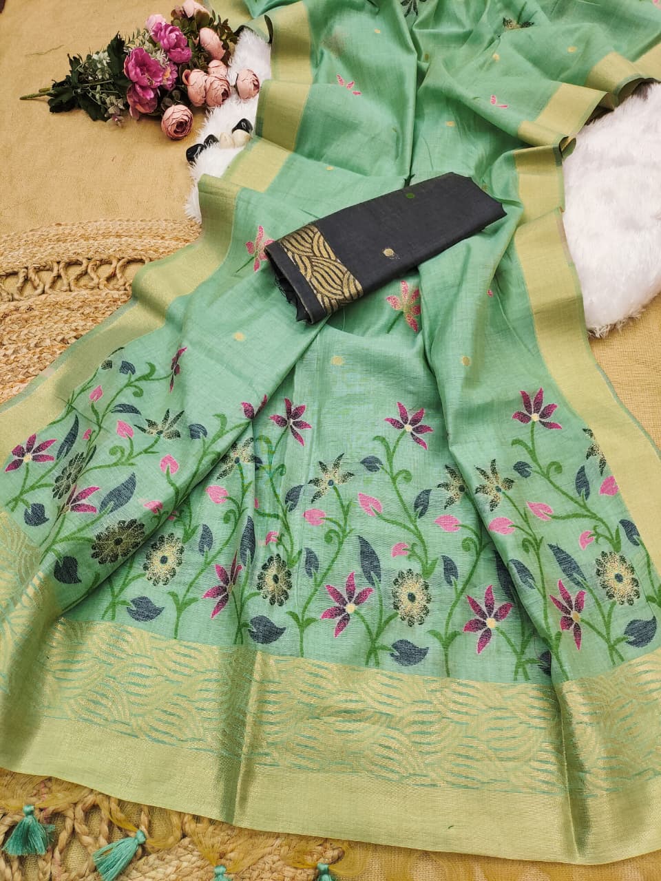Soft Chanderi Cotton Saree with Intricate Floral Weaving- FIROZI