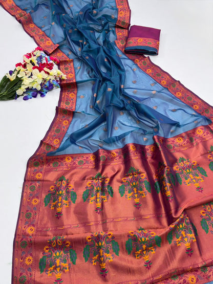Royal Banarasi Saree with Contrast Blouse & Floral Motifs- FIROZI