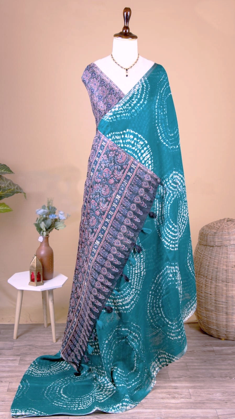 Soft Linen Cotton Heritage Print Saree for Women - Firozi