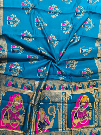SOFT BANARASI PASHMINA  SAREE WITH ZARI BORDER -  FIROZI