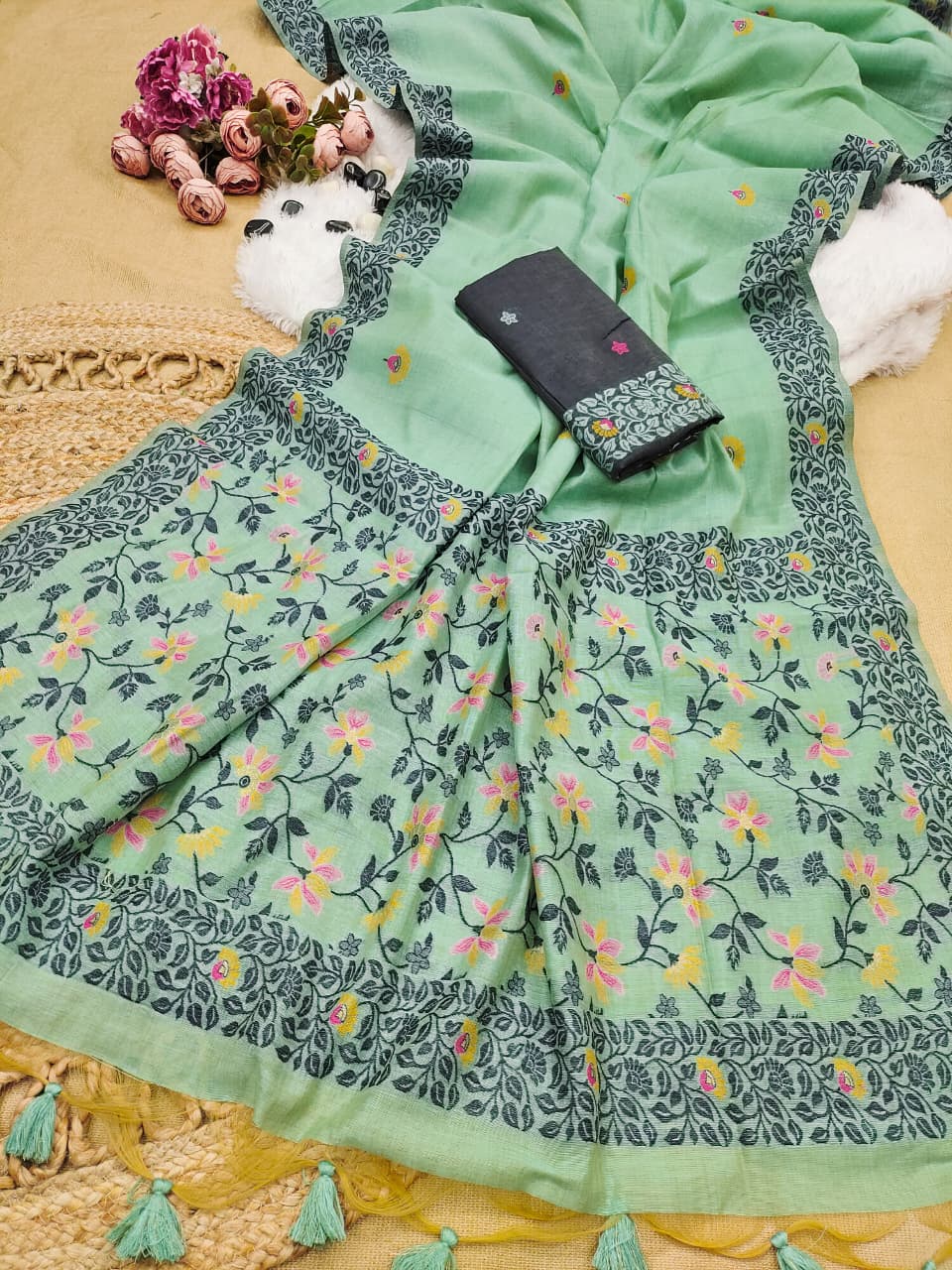 Elegant Chanderi Cotton Saree with All-Over Floral Weaving- FIROZI