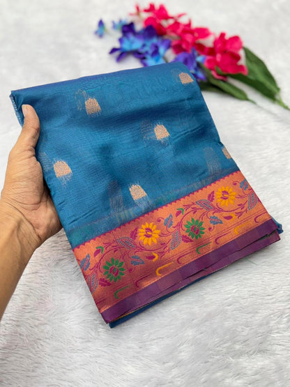 Royal Banarasi Saree with Contrast Blouse & Floral Motifs- FIROZI