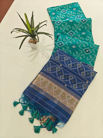 Raw Silk Ikkat Saree With Zari Woven Border-FIROZI