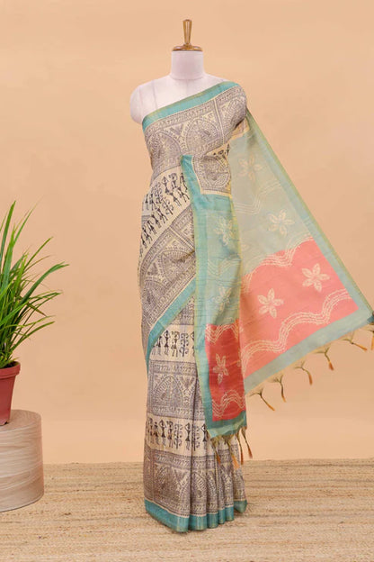 Tissue Tussar Zari Saree With Print Warli - SKY-PINK