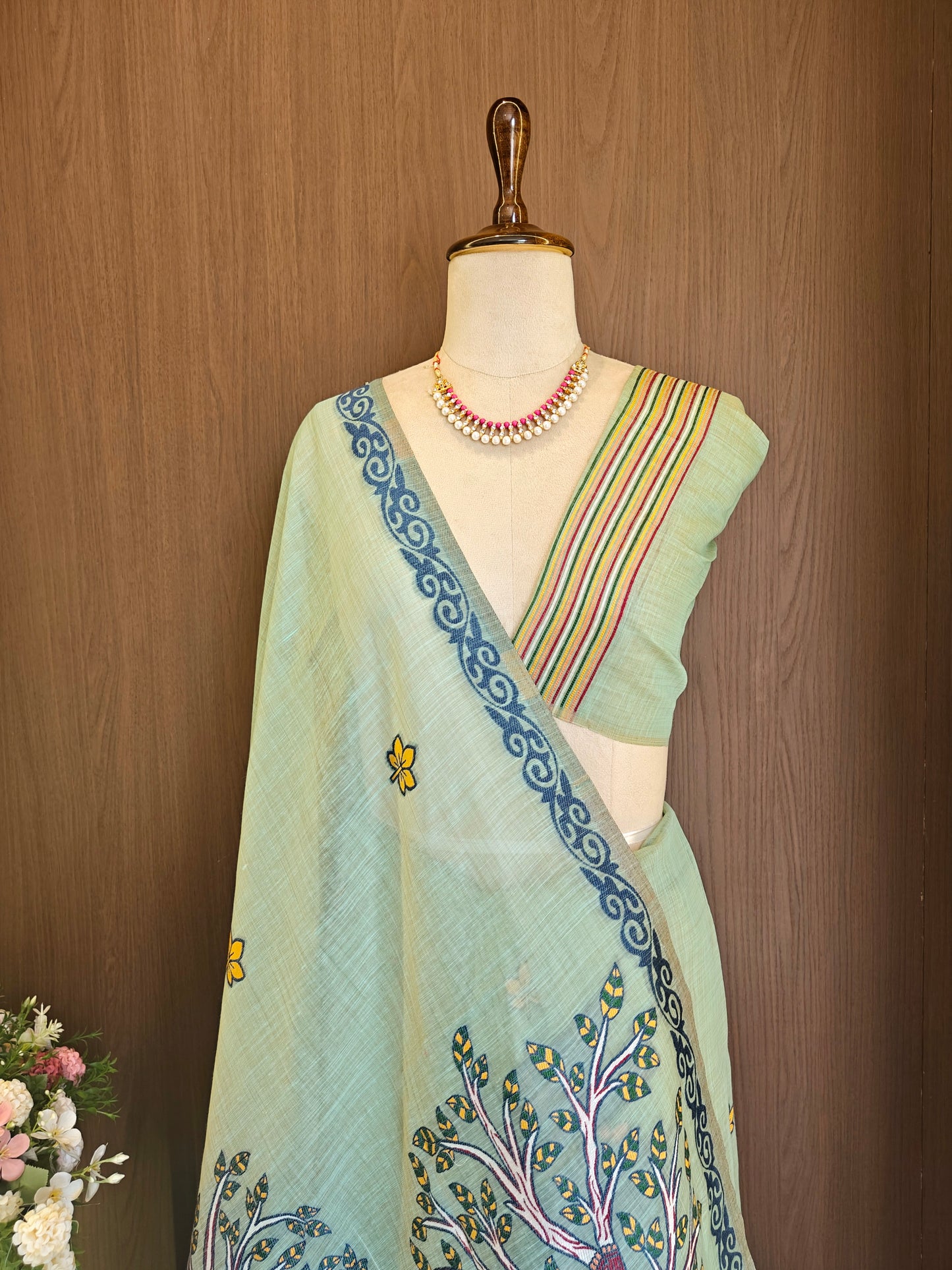 Classic Muga Cotton Saree with Unstitched Blouse and Artistic Border-FIROZI