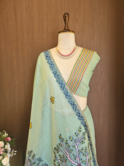 Classic Muga Cotton Saree with Unstitched Blouse and Artistic Border-FIROZI