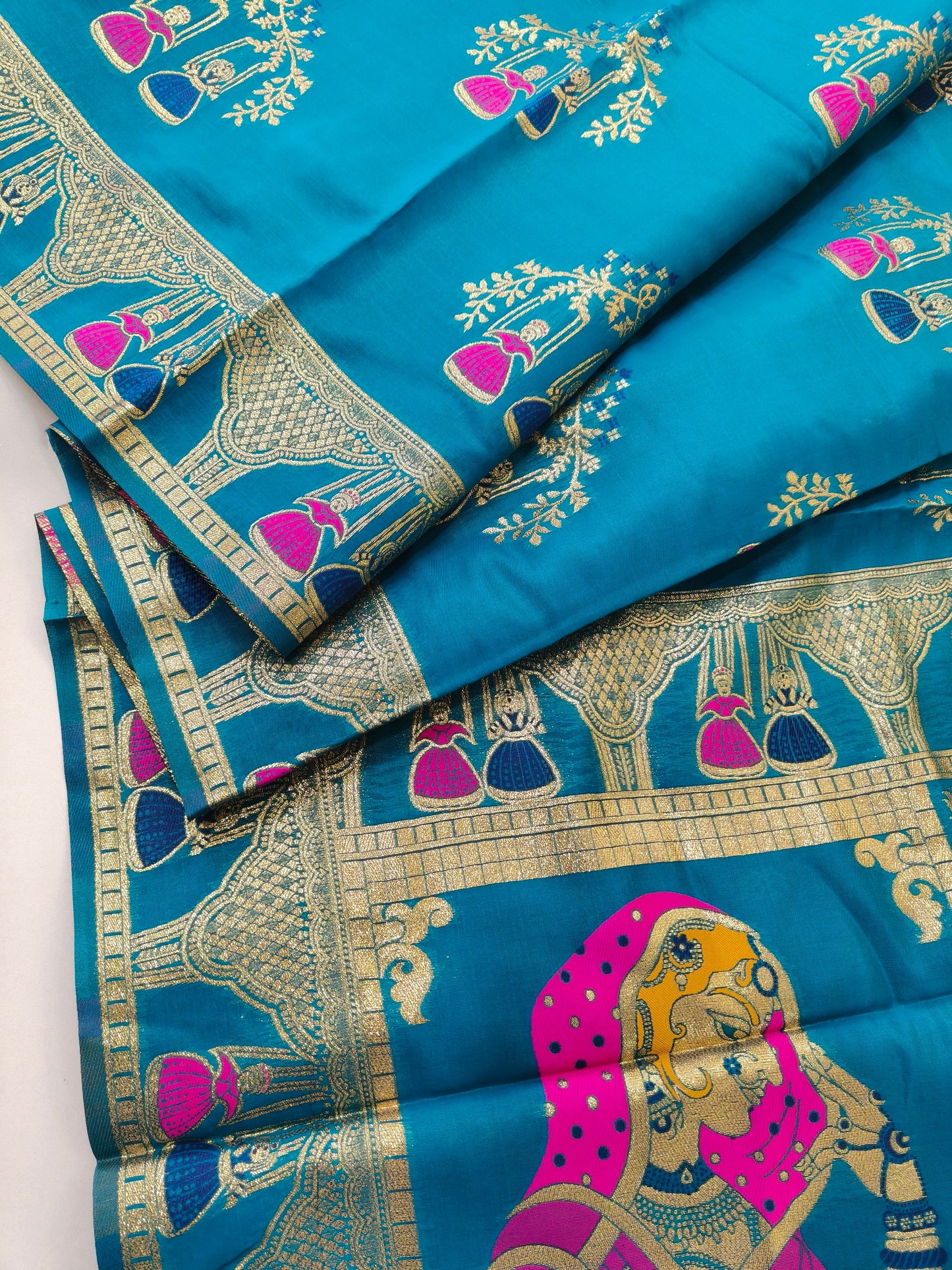SOFT BANARASI PASHMINA  SAREE WITH ZARI BORDER -  FIROZI