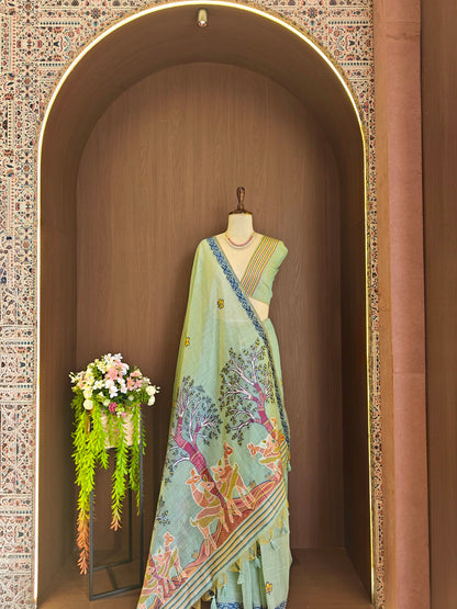 Classic Muga Cotton Saree with Unstitched Blouse and Artistic Border-FIROZI