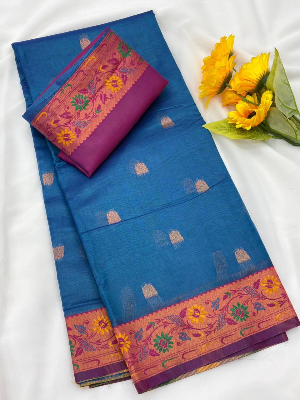 Royal Banarasi Saree with Contrast Blouse & Floral Motifs- FIROZI