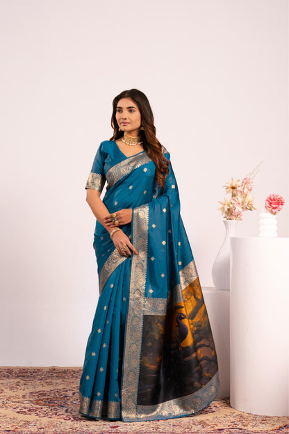 Traditional Paithani Saree with Zari Butti & Storytelling Pallu - FIROZI