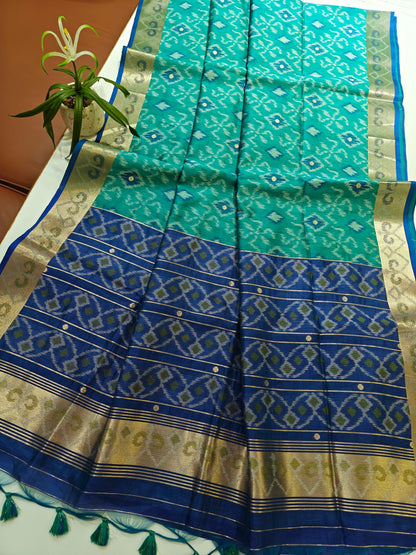 Raw Silk Ikkat Saree With Zari Woven Border-FIROZI