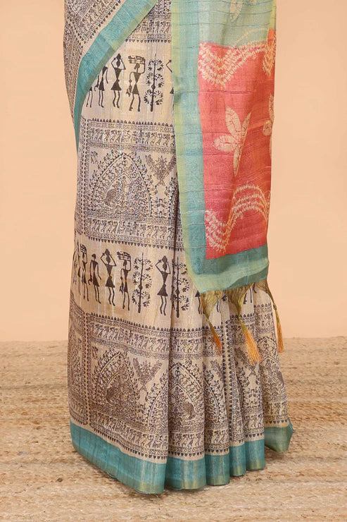 Tissue Tussar Zari Saree With Print Warli - SKY-PINK