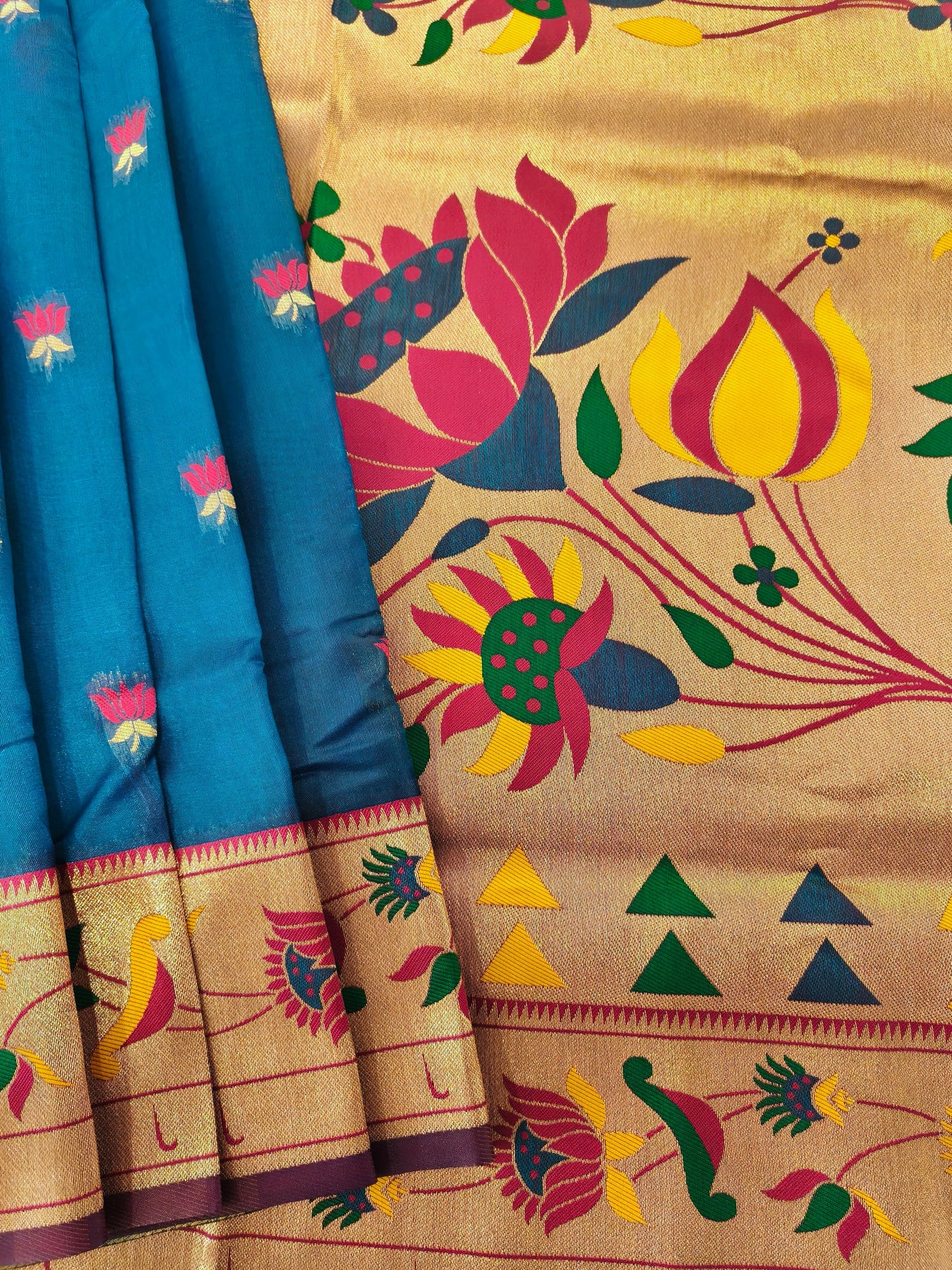 Paithani Silk Saree with Floral Motifs and Zari Pallu - FIROZI