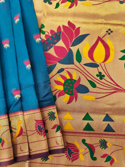 Paithani Silk Saree with Floral Motifs and Zari Pallu - FIROZI