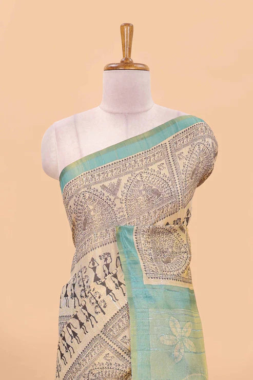 Tissue Tussar Zari Saree With Print Warli - SKY-PINK