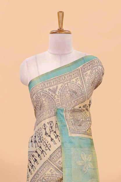 Tissue Tussar Zari Saree With Print Warli - SKY-PINK