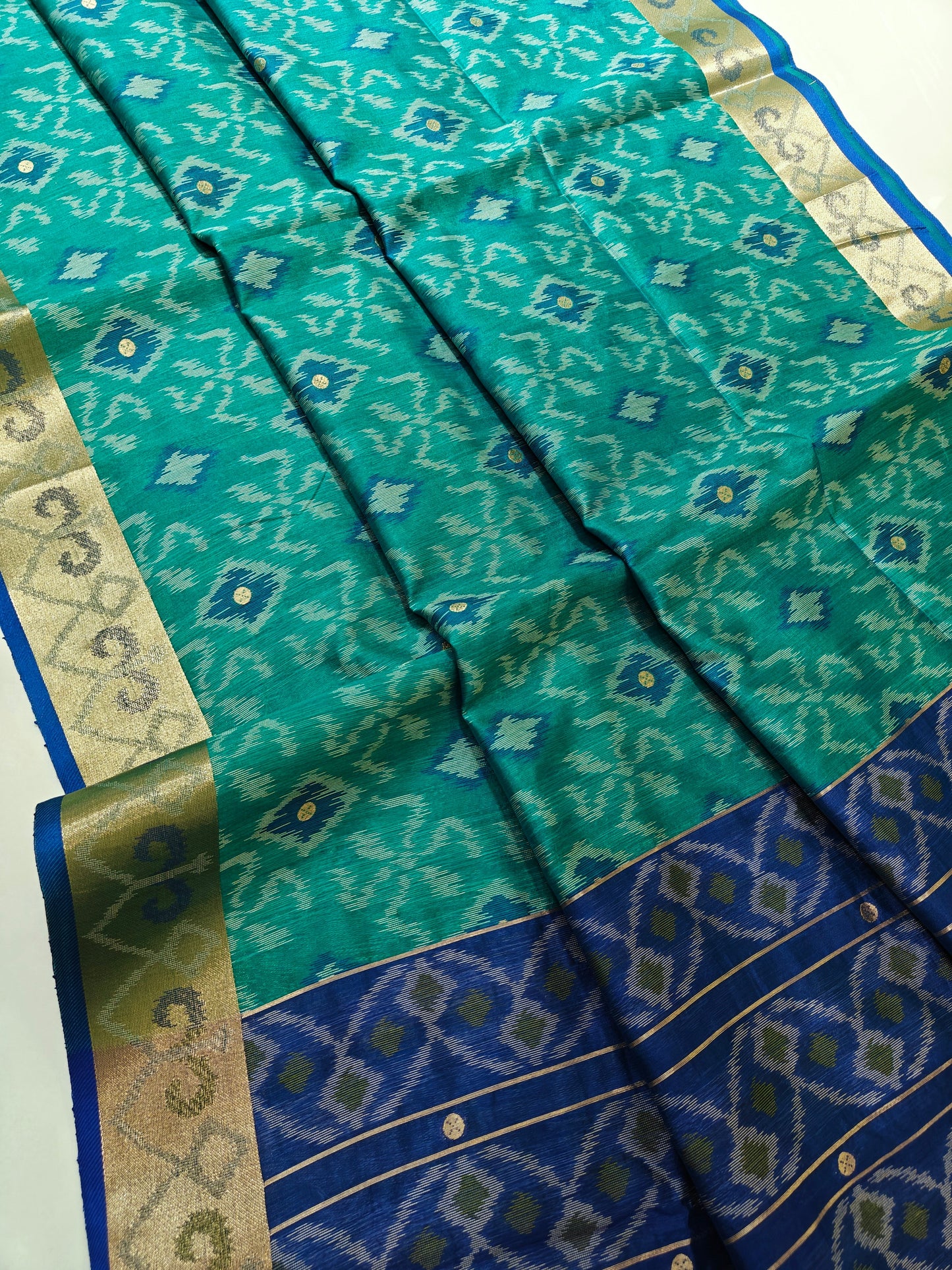 Raw Silk Ikkat Saree With Zari Woven Border-FIROZI