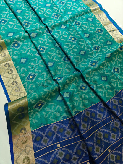 Raw Silk Ikkat Saree With Zari Woven Border-FIROZI