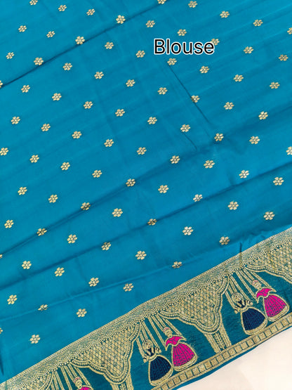 SOFT BANARASI PASHMINA  SAREE WITH ZARI BORDER -  FIROZI