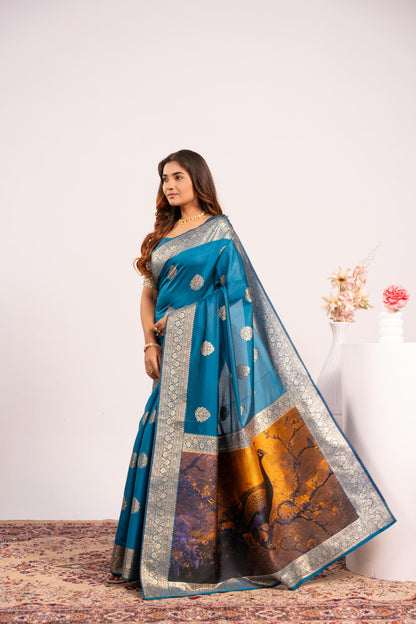 Handloom Banarasi Paithani Silk Saree with Artistic Peacock Pallu - FIROZI