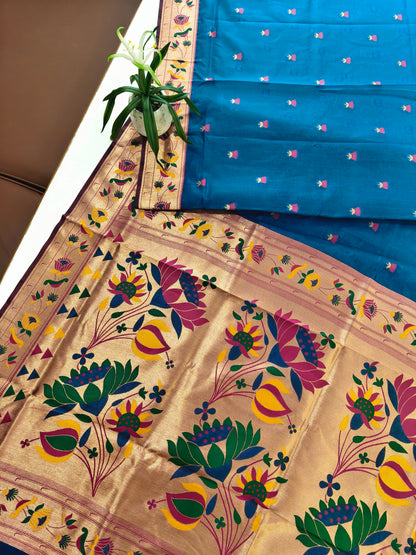 Paithani Silk Saree with Floral Motifs and Zari Pallu - FIROZI
