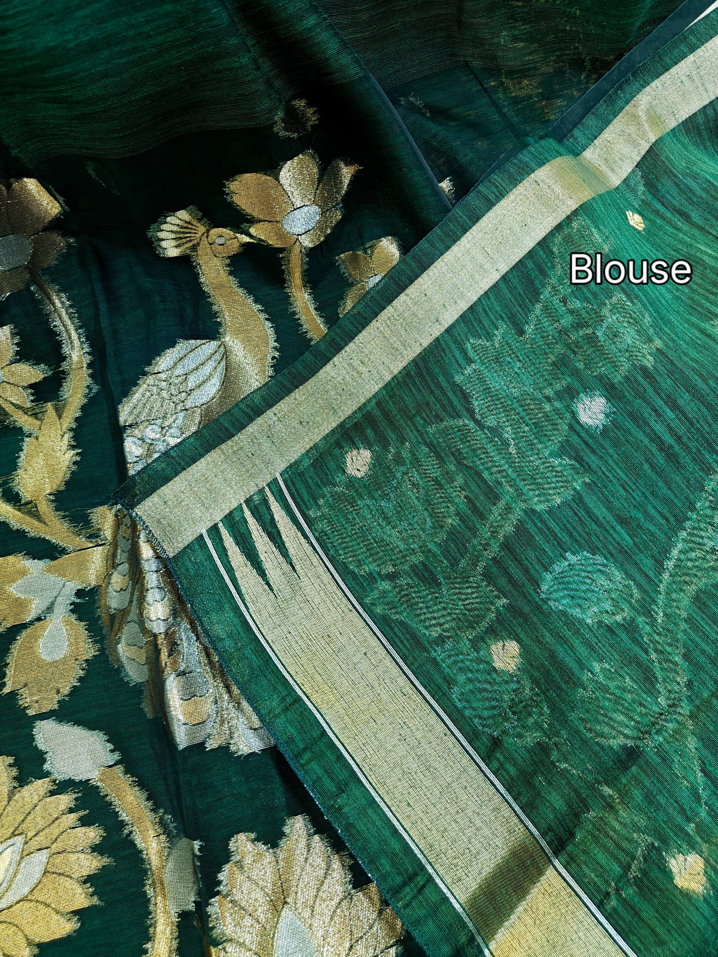 Pure Linen Saree with Antique Gold Floral & Peacock Zari Border - GREEN