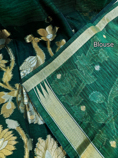 Pure Linen Saree with Antique Gold Floral & Peacock Zari Border - GREEN