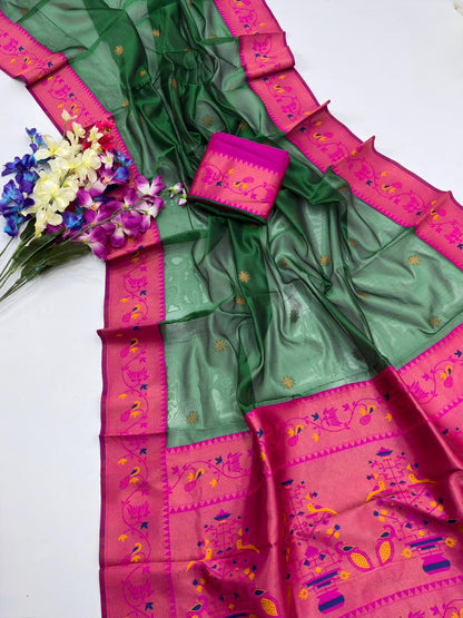 Designer Paithani Saree with Rich Zari Pallu- GREEN