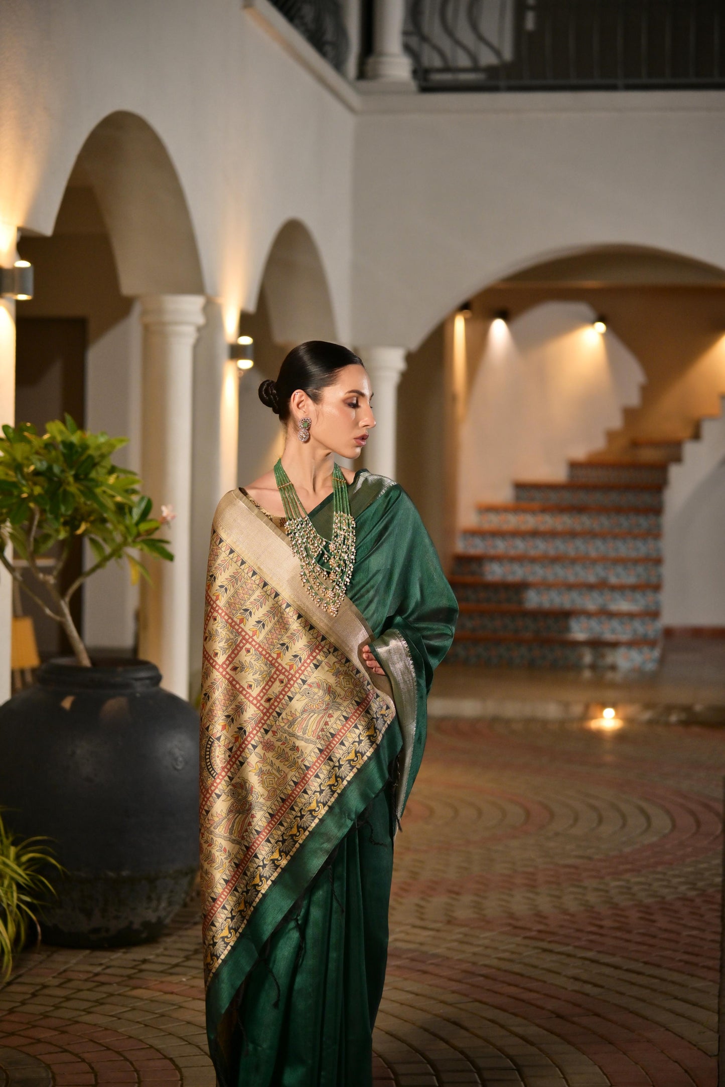 Soft Raw Silk Madhubani Printed Pallu - GREEN