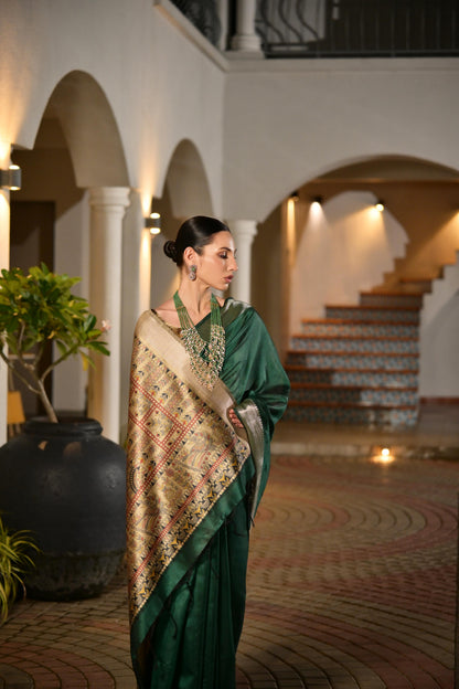 Soft Raw Silk Madhubani Printed Pallu - GREEN