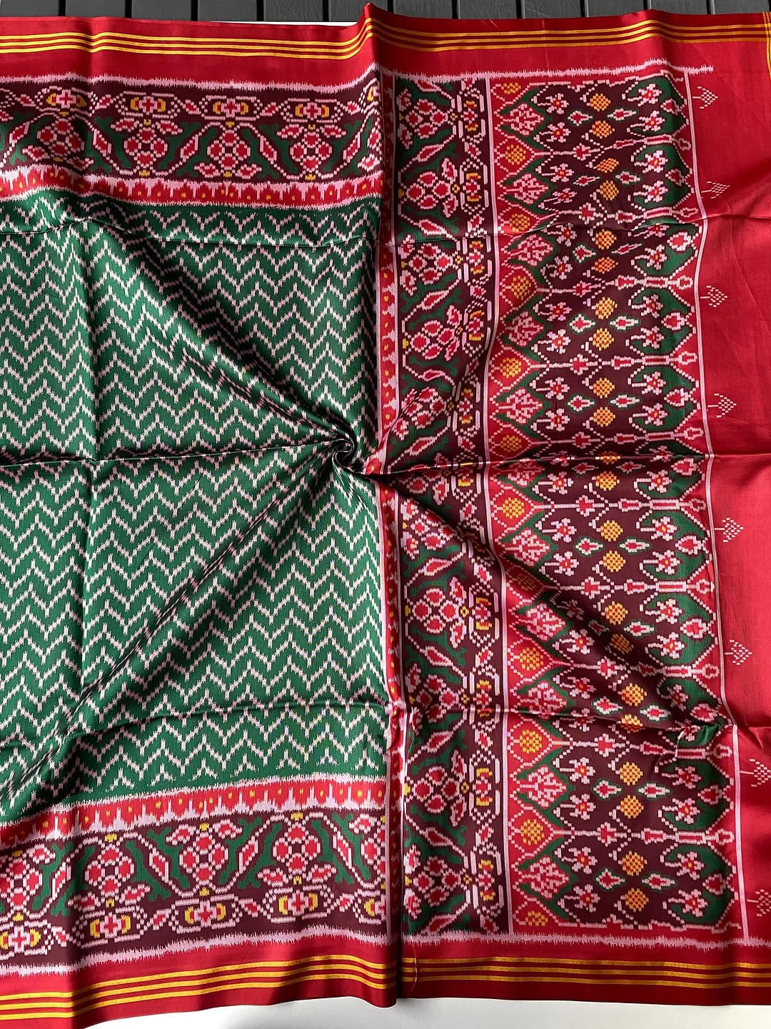 Soft Pure Patola Silk Double Ikat Printed Saree with Zari Stripe Border-GREEN