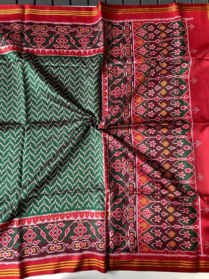Soft Pure Patola Silk Double Ikat Printed Saree with Zari Stripe Border-GREEN