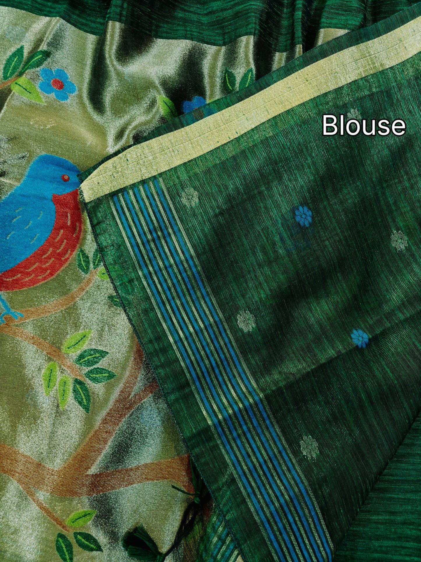 Pure Linen Saree With Zari Bird & Floral Pallu - GREEN