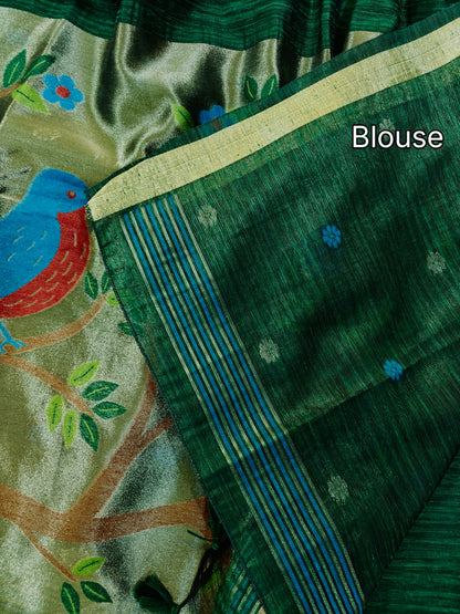 Pure Linen Saree With Zari Bird & Floral Pallu - GREEN