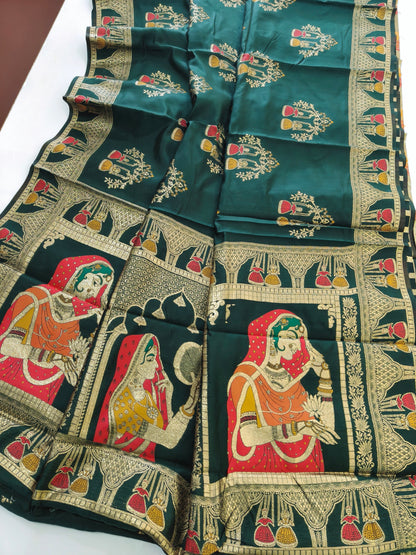 SOFT BANARASI PASHMINA  SAREE WITH ZARI BORDER -  GREEN