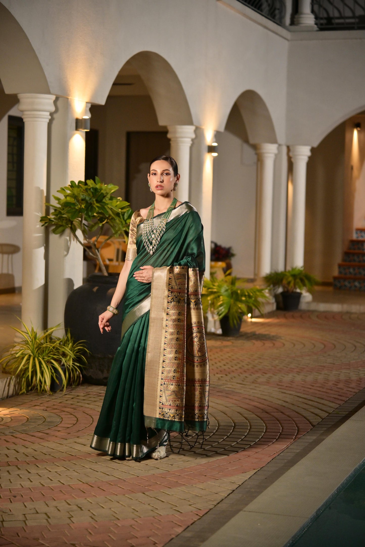 Soft Raw Silk Madhubani Printed Pallu - GREEN